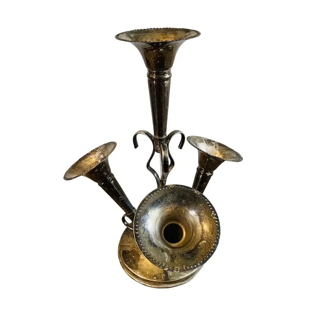 Antique Victorian Silverplate Epergne Centerpiece 4 Trumpet Vase Holder 12
